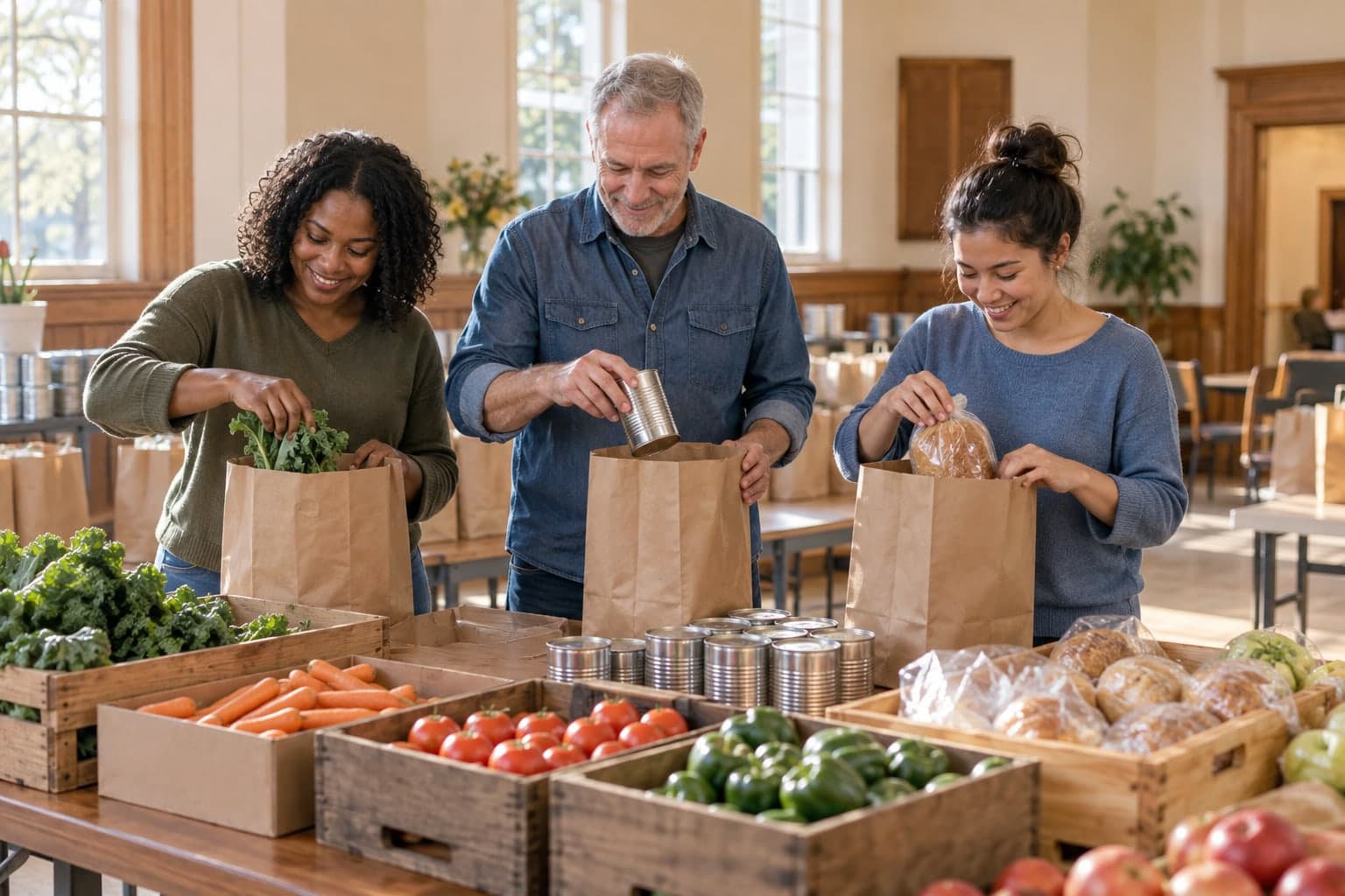 Volunteers packing fresh food and pantry supplies for a community outreach program
