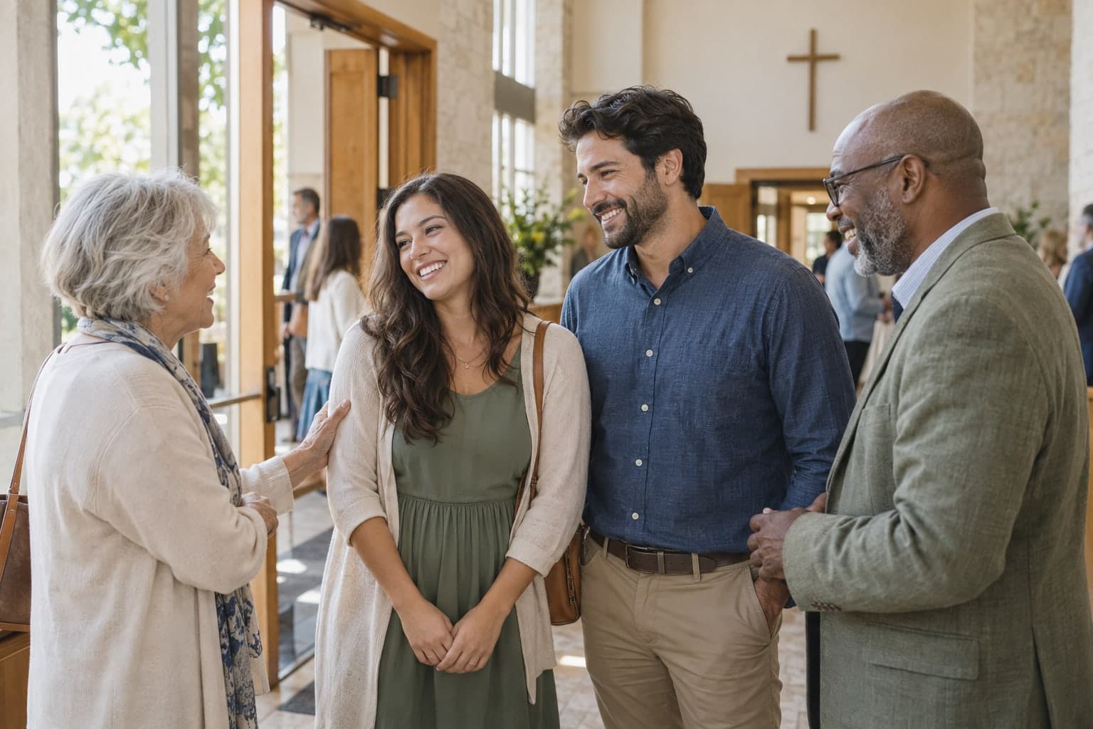 Community members warmly greeting one another in a sunlit church entrance