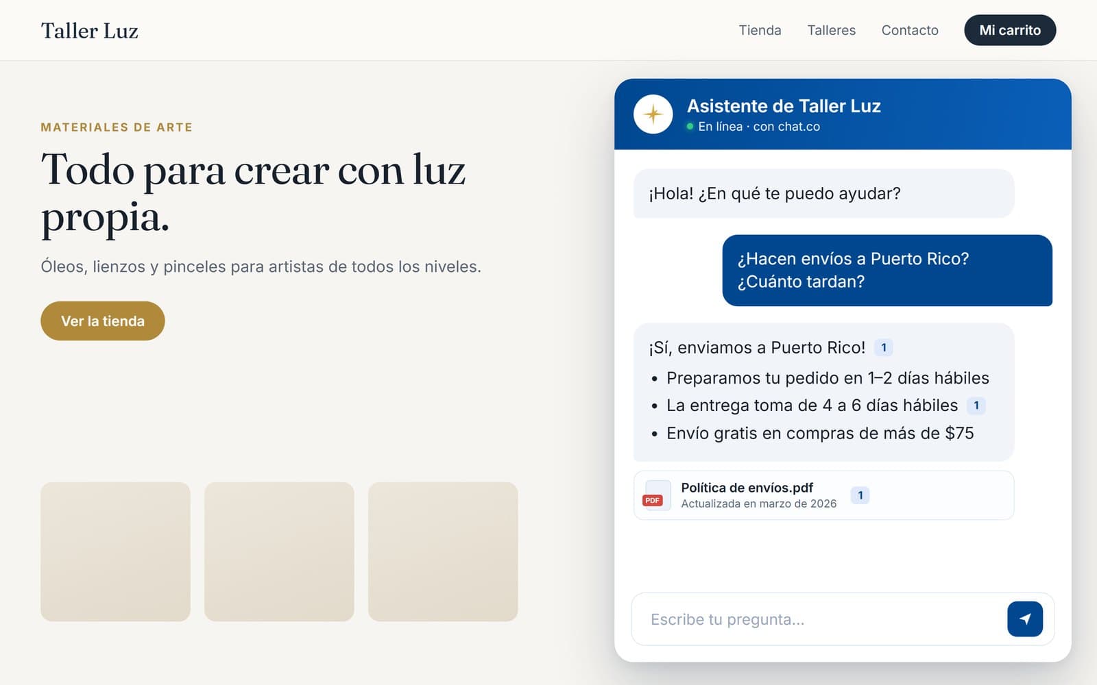In Spanish: An art-supply shop answers a shipping question in Spanish, citing its shipping policy.