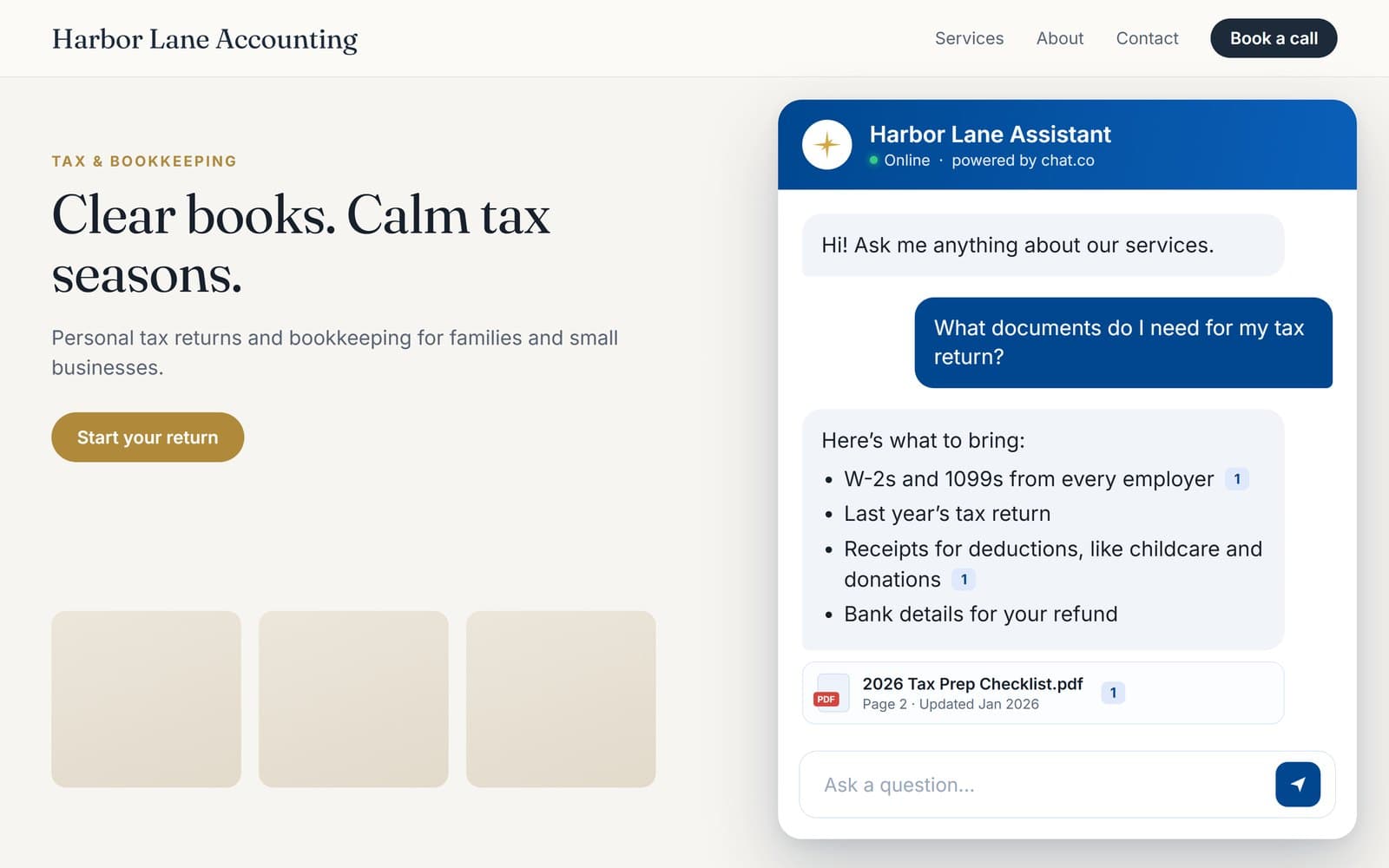 On a website: A visitor asks an accounting firm what to bring at tax time. The answer cites the firm’s checklist.