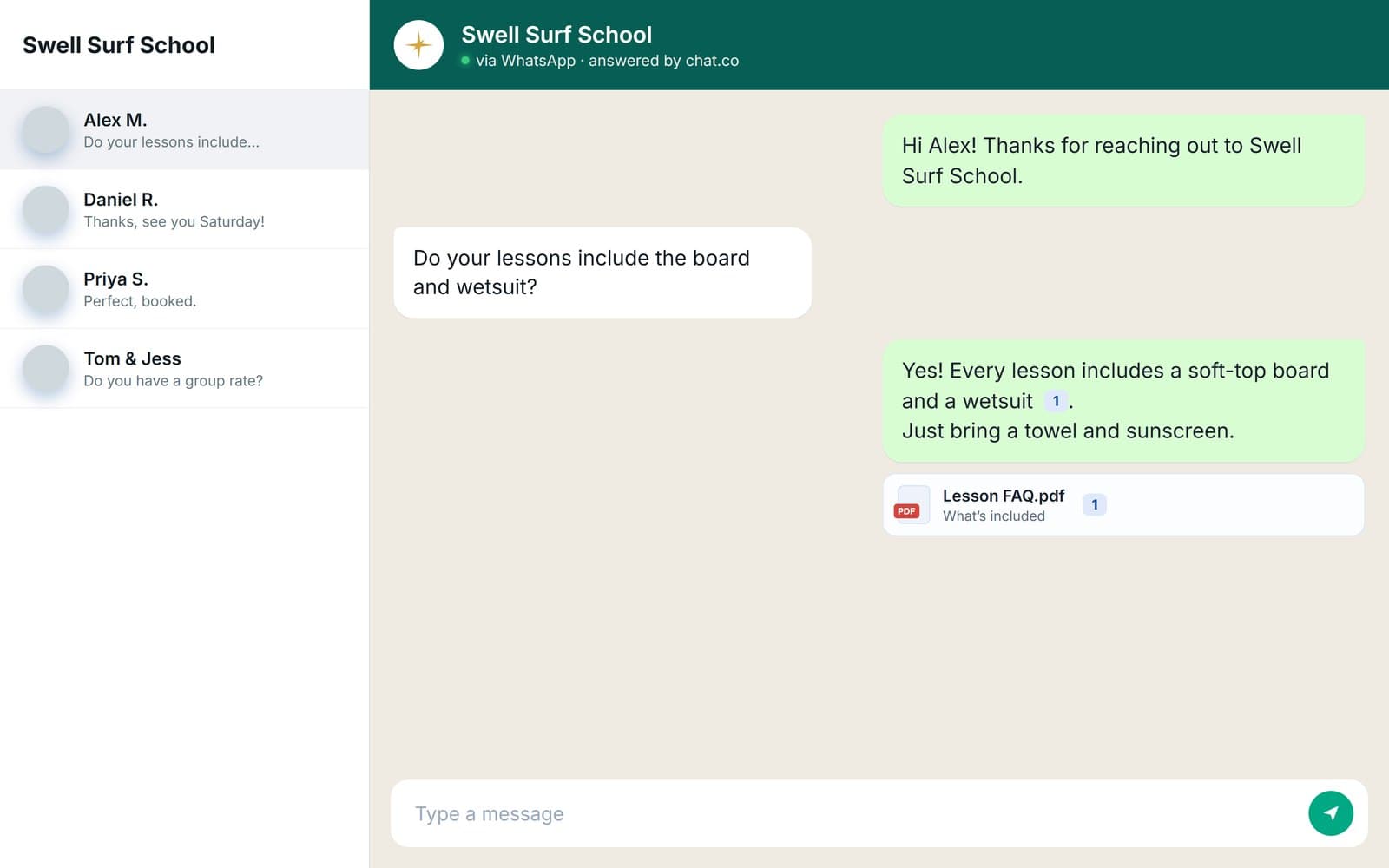 On WhatsApp: A surf school answers a customer’s question in WhatsApp and attaches its lesson FAQ.